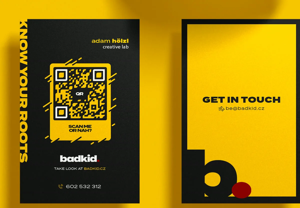 badkid business cards and a yellow get in touch card on a yellow background