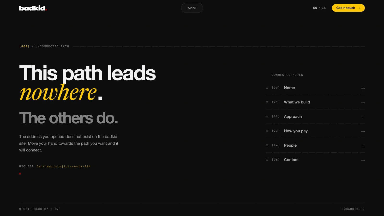 The badkid 404 page: this path leads nowhere, the others do, with a list of connected nodes