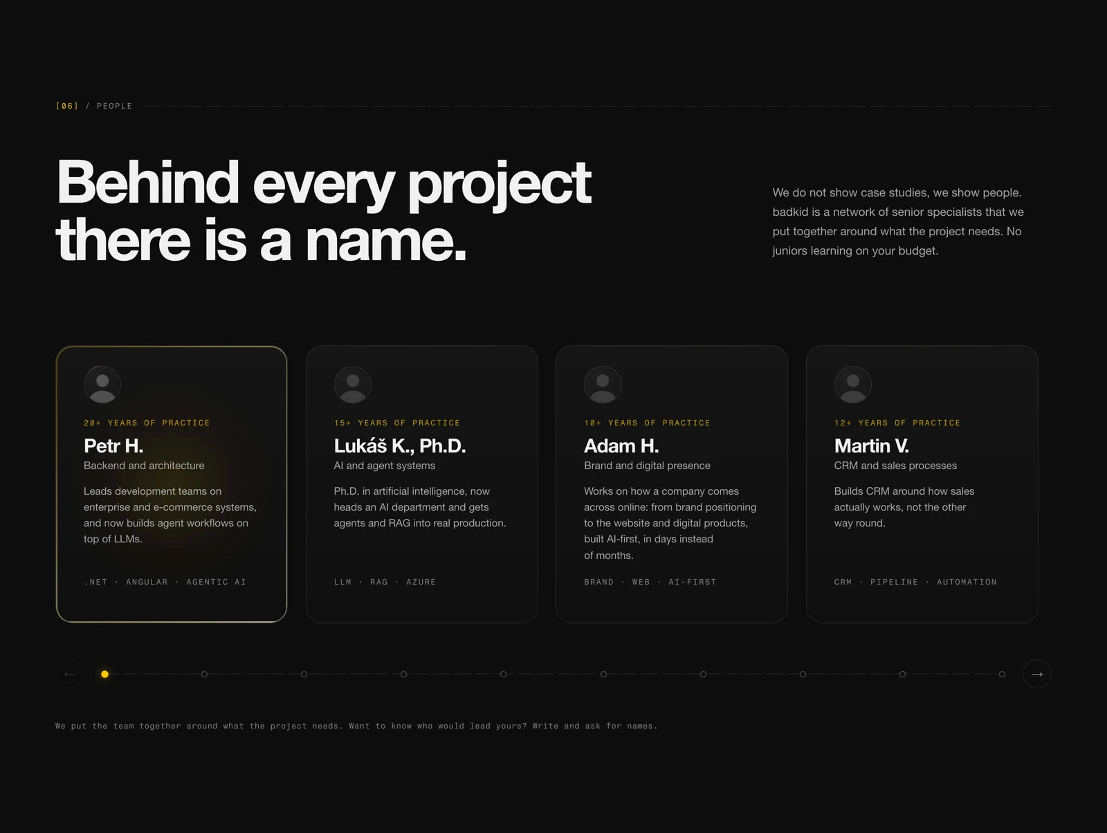 The badkid people section showing four specialist cards instead of case studies