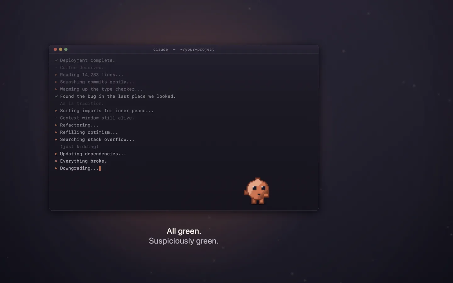 The screensaver running: a terminal window logging build steps, with a small pixel engineer standing below it.