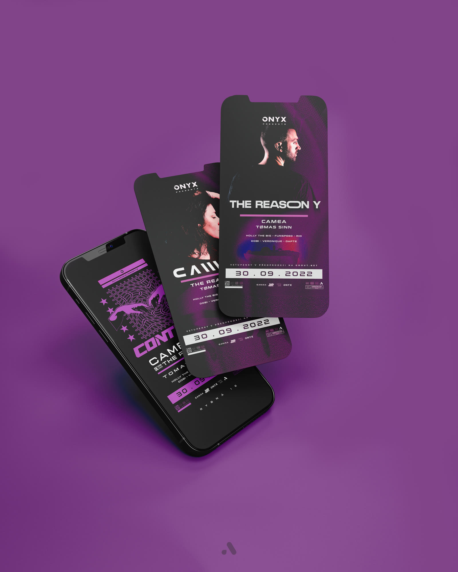 CONTROL event flyers on three phone screens