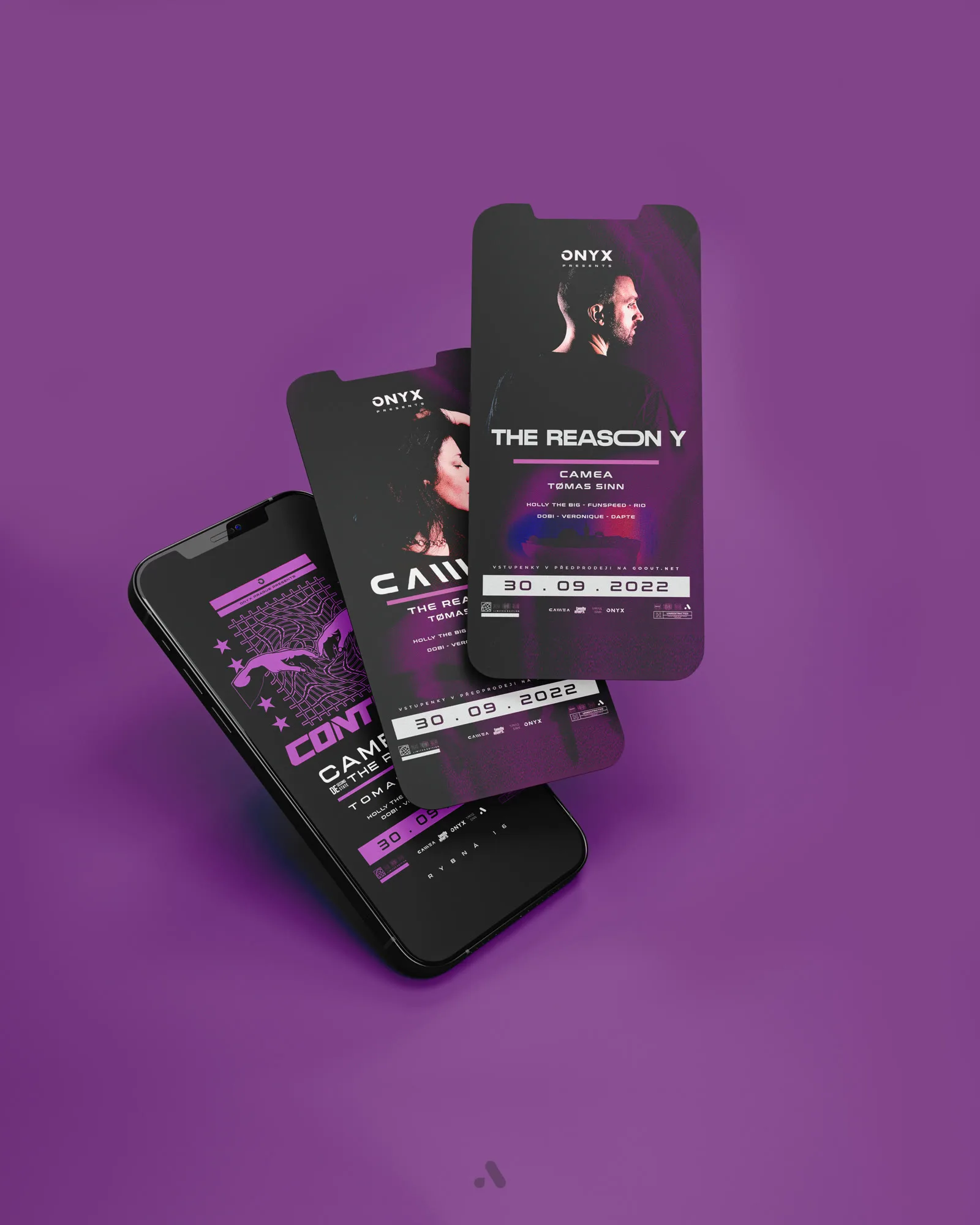 CONTROL event flyers on three phone screens