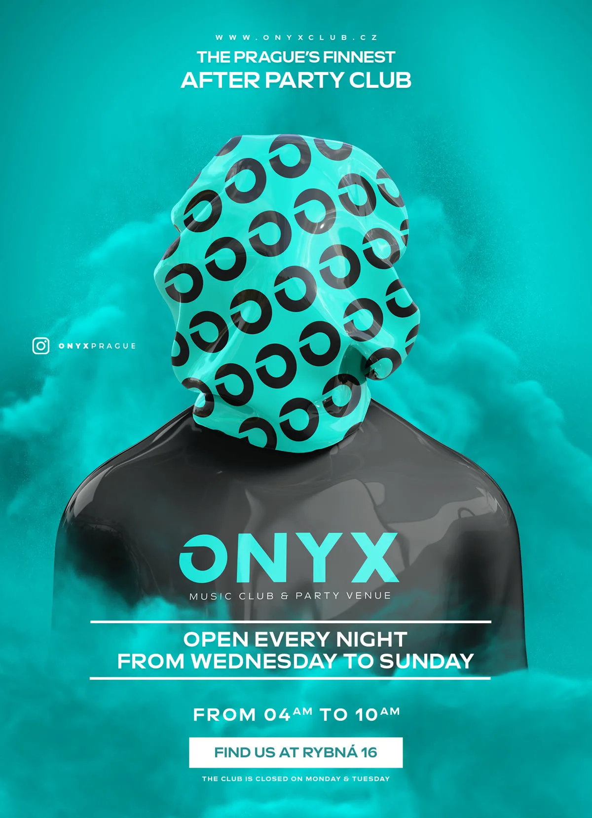 ONYX summer flyer with a figure wearing the logomark pattern