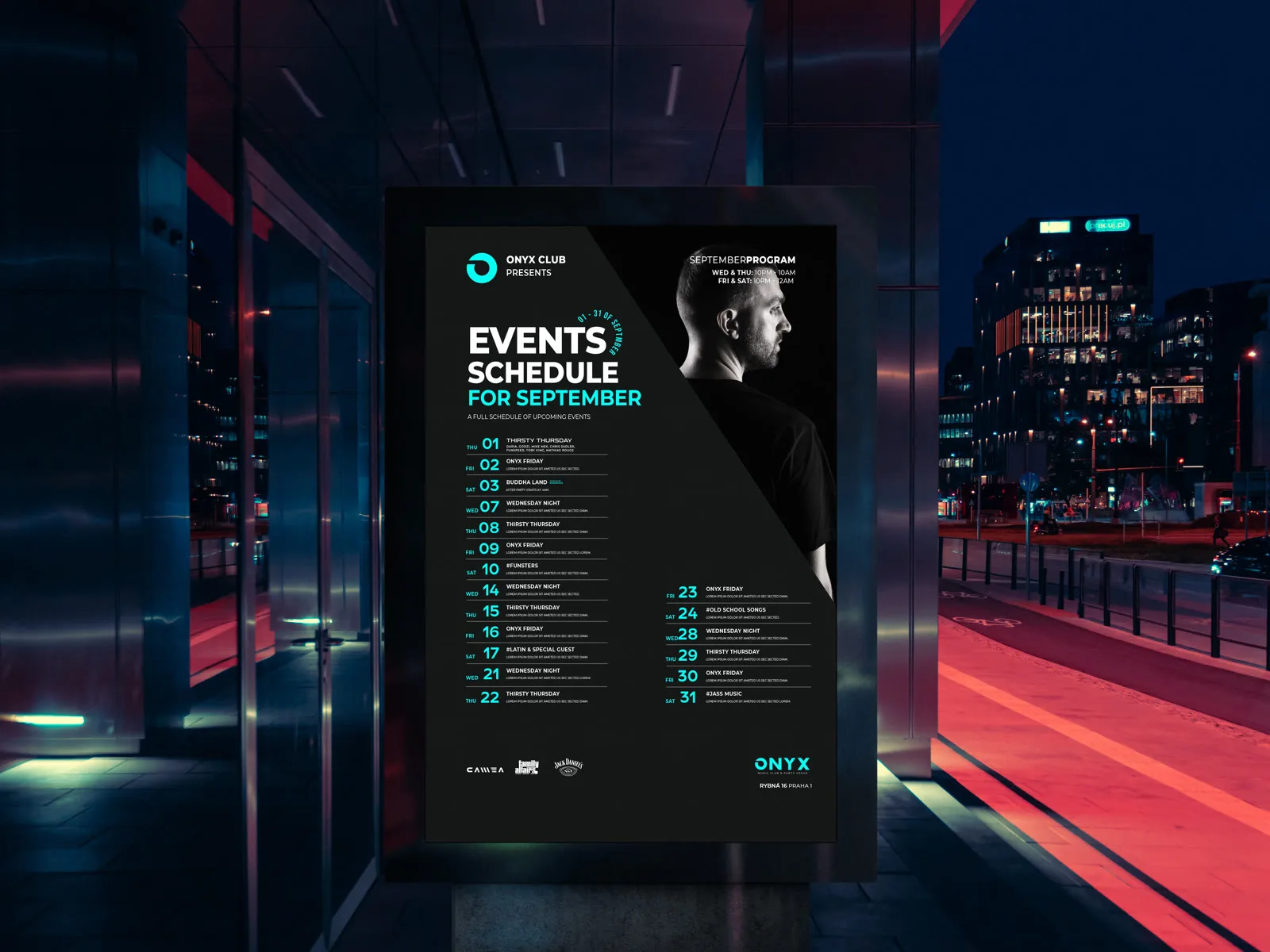 ONYX monthly events schedule on a night street citylight