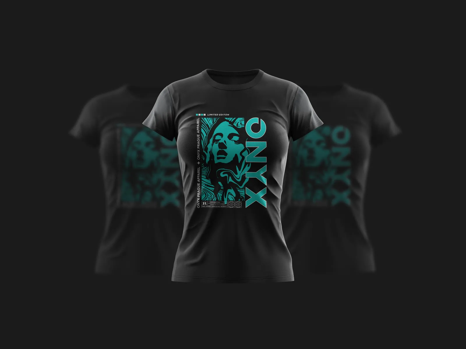 ONYX limited edition t-shirt with a teal statue graphic