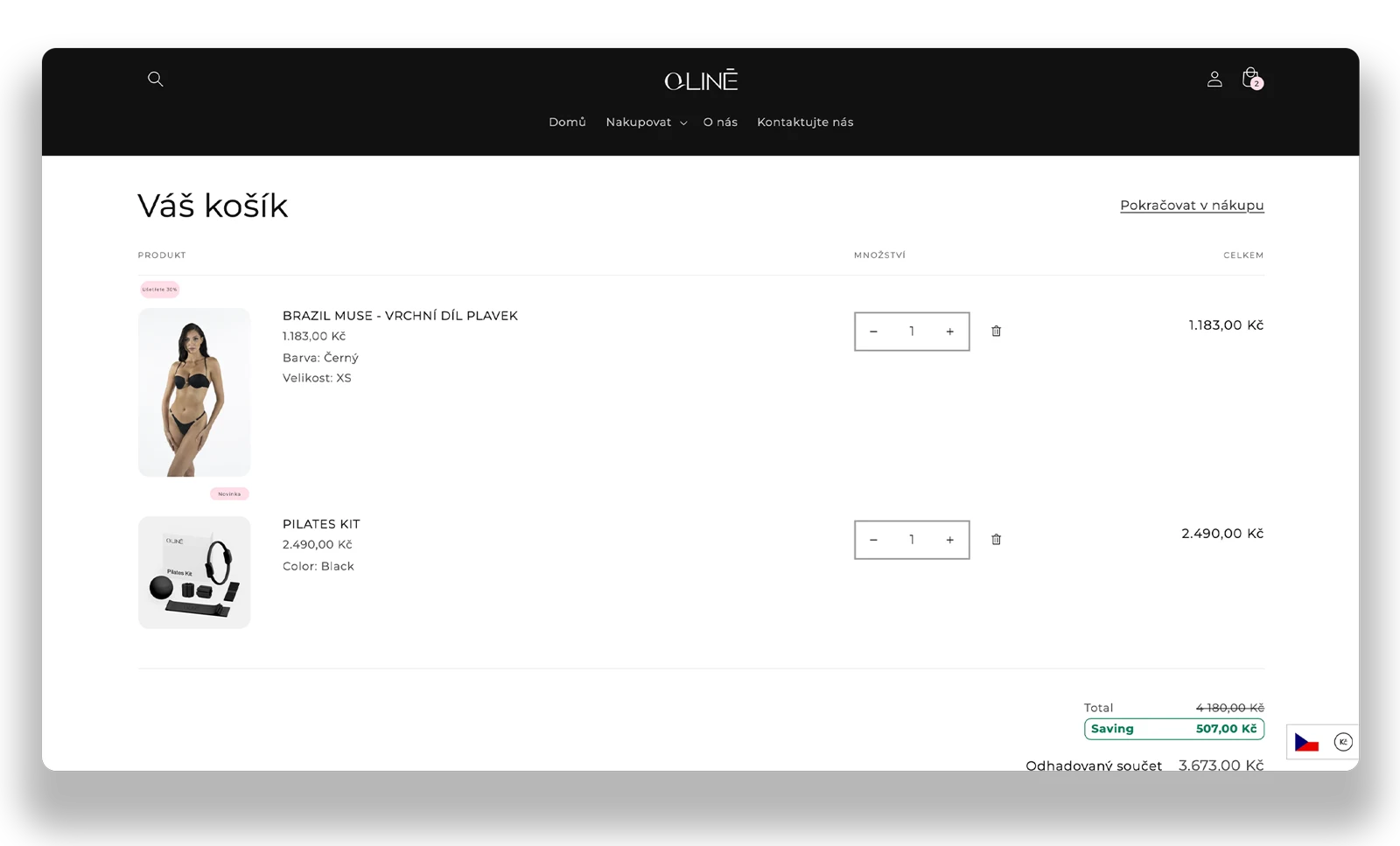 The QLINE cart with two items, a highlighted saving and an estimated total