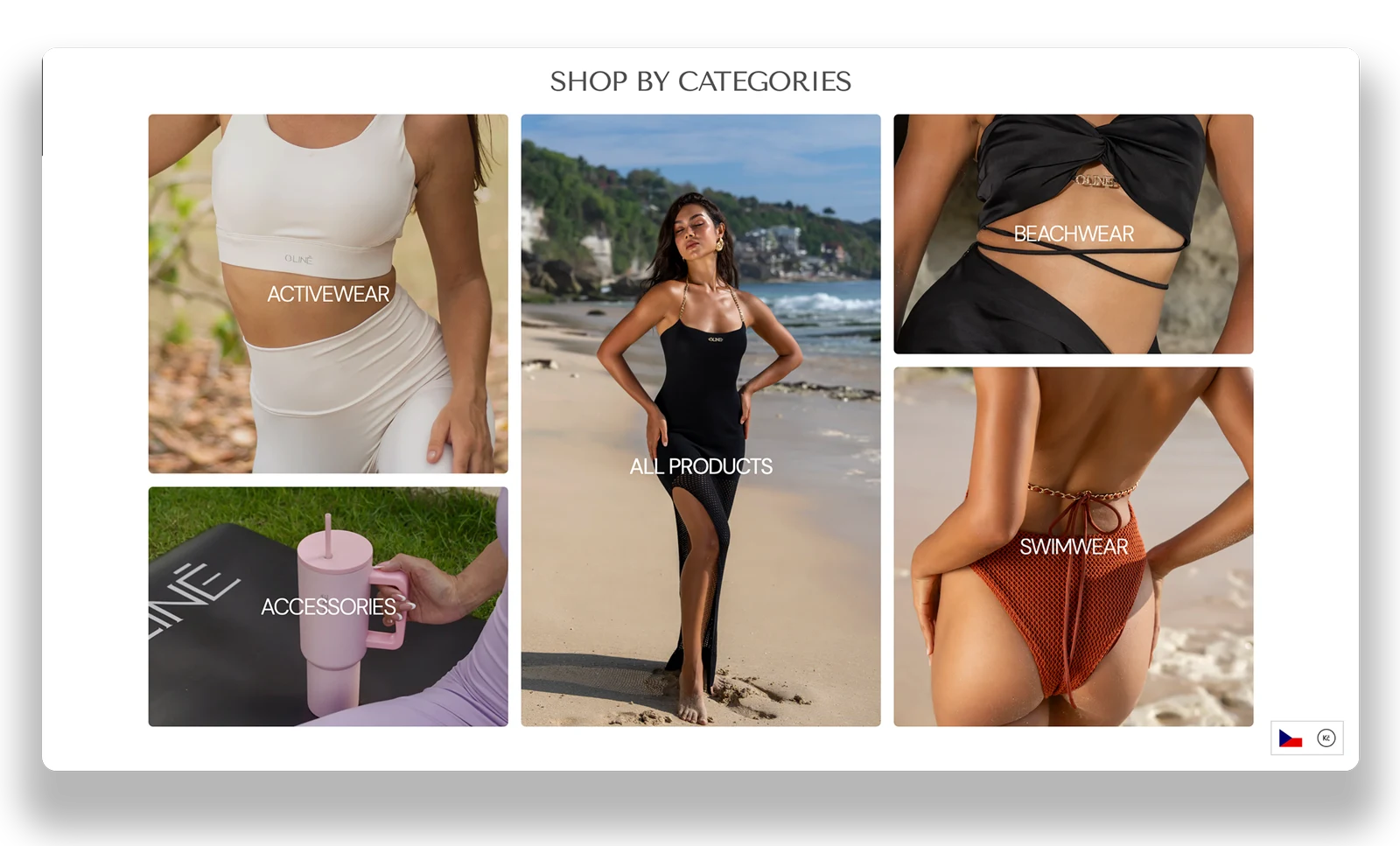 The QLINE shop landing: an editorial category grid for activewear, beachwear, swimwear and accessories