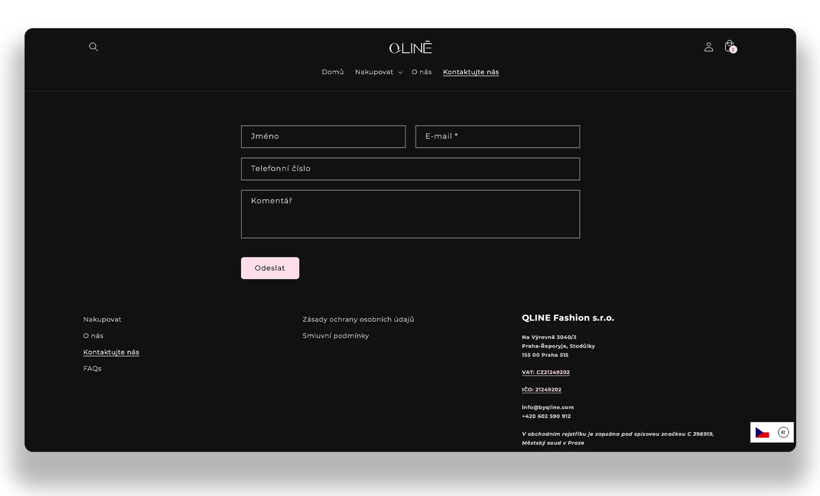 The QLINE contact page and footer, carrying the same restraint as the rest of the store
