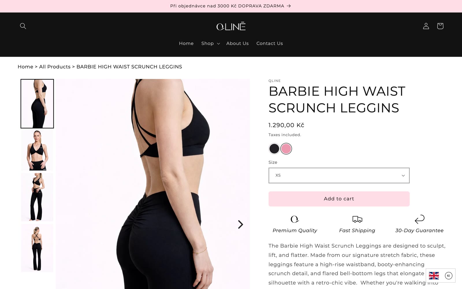 The QLINE product detail on desktop with gallery, swatches and a soft pink add to cart