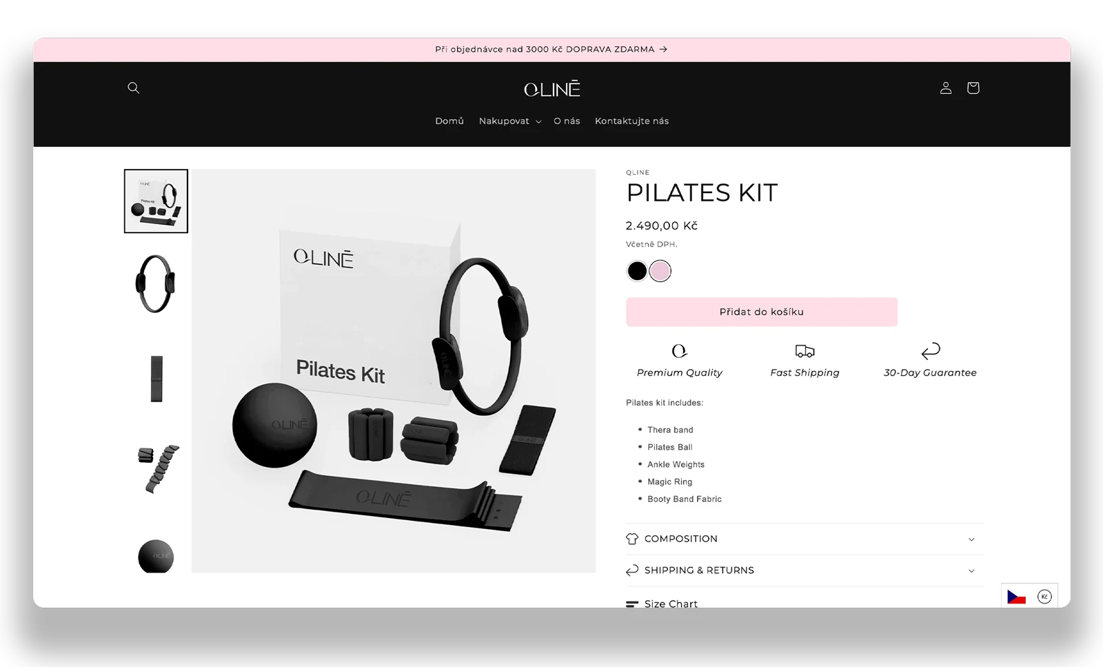 A QLINE product page: gallery, price, variant swatches and a soft pink add-to-cart