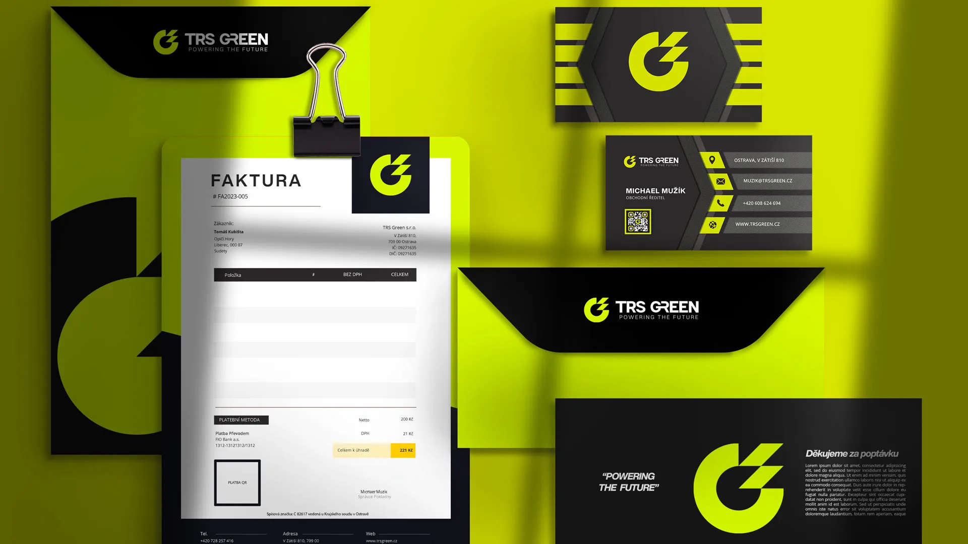 The TRS Green stationery system: invoice, envelopes and business cards in lime and black