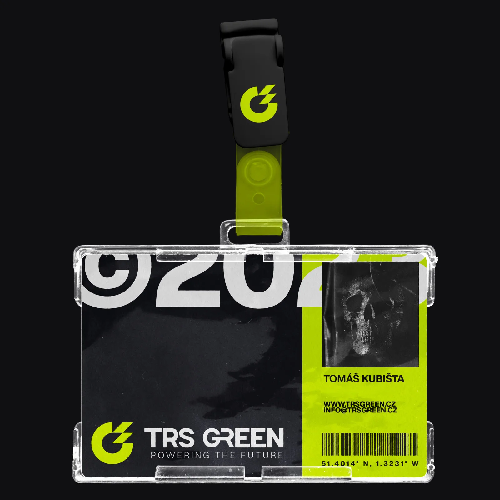 TRS Green employee ID card on a branded lanyard