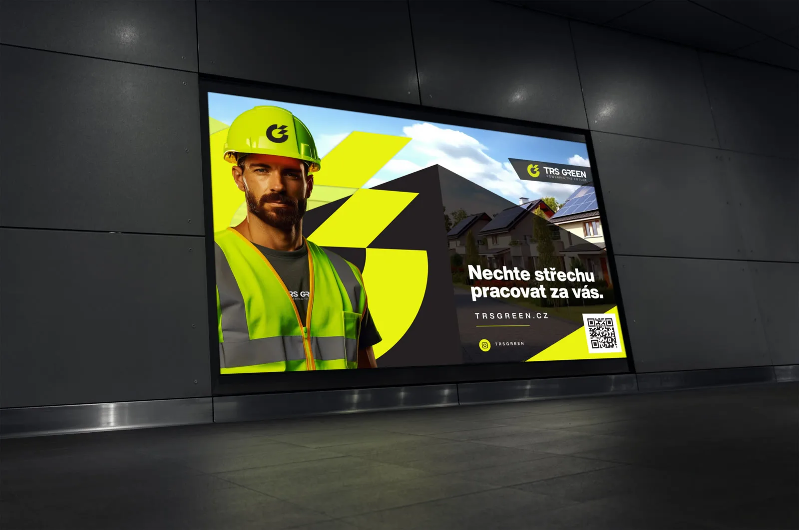 TRS Green billboard concept on a large screen in a metro station