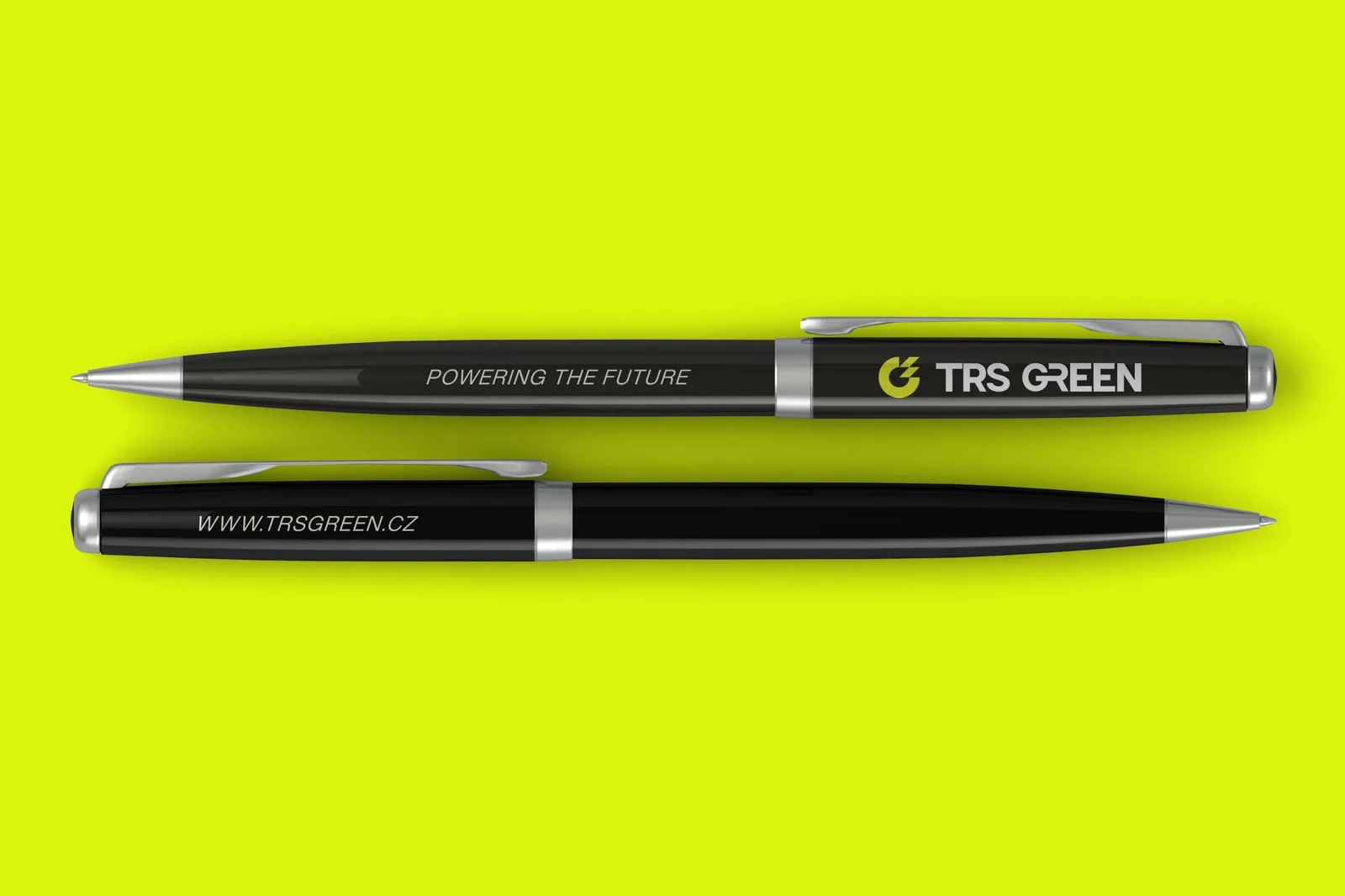 Two black TRS Green pens with the lockup and website address