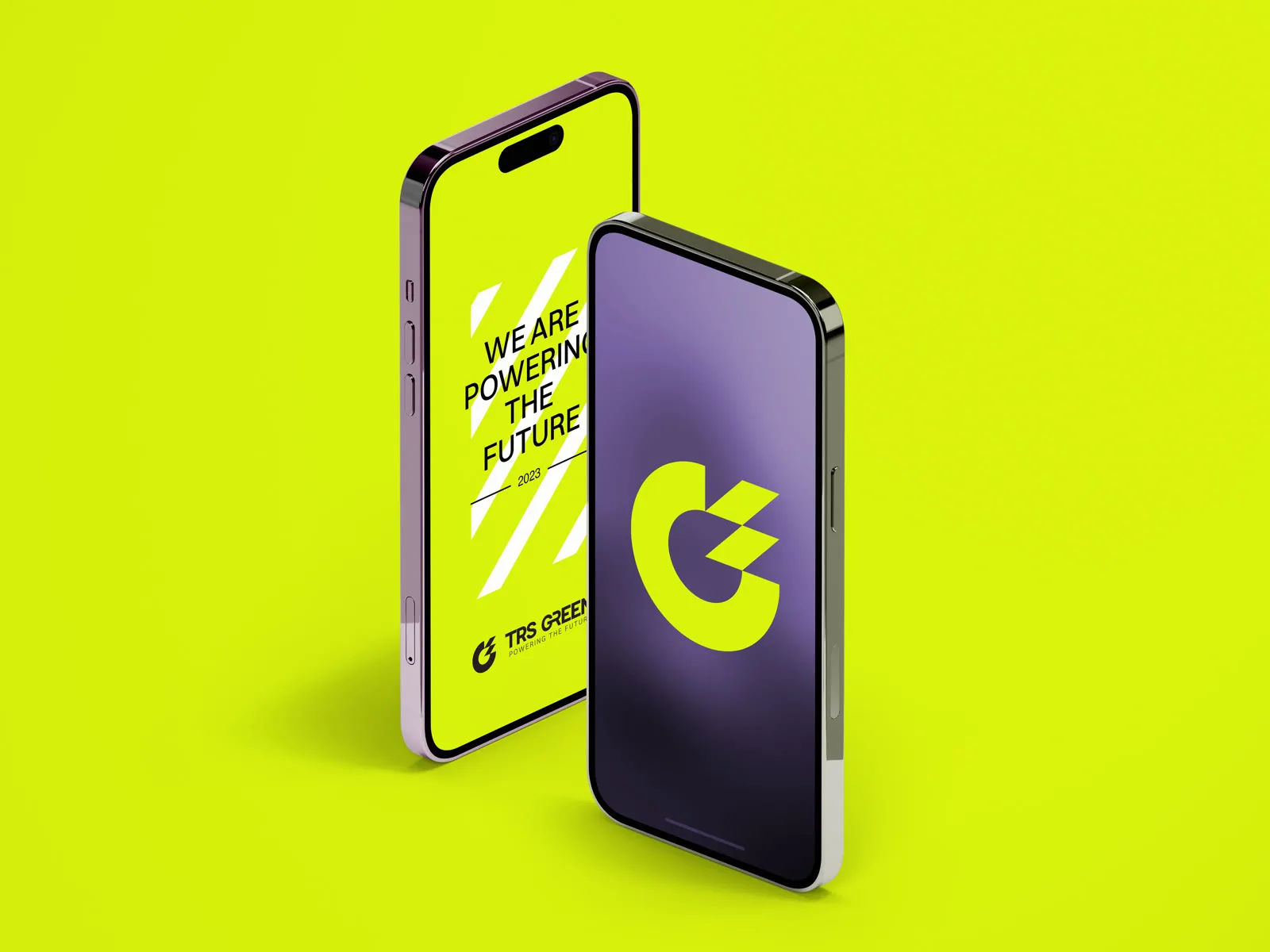 Two phones with the TRS Green social profile on a lime background