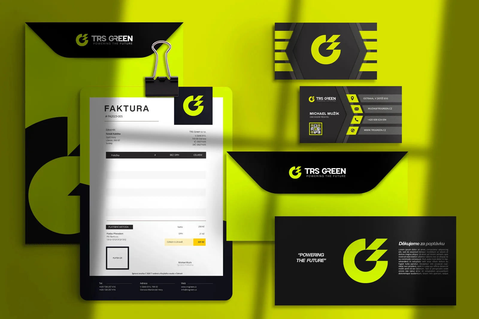 The TRS Green stationery system: invoice, envelopes, business cards and a thank-you card in lime and black